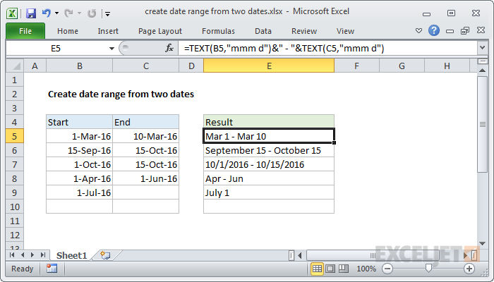 how to add date range in excel formula